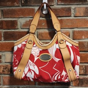 TOMMY HILFIGER LARGE SHOULDER HANDBAG, Hawaiian Red Floral w/ Tan Faux Leather T